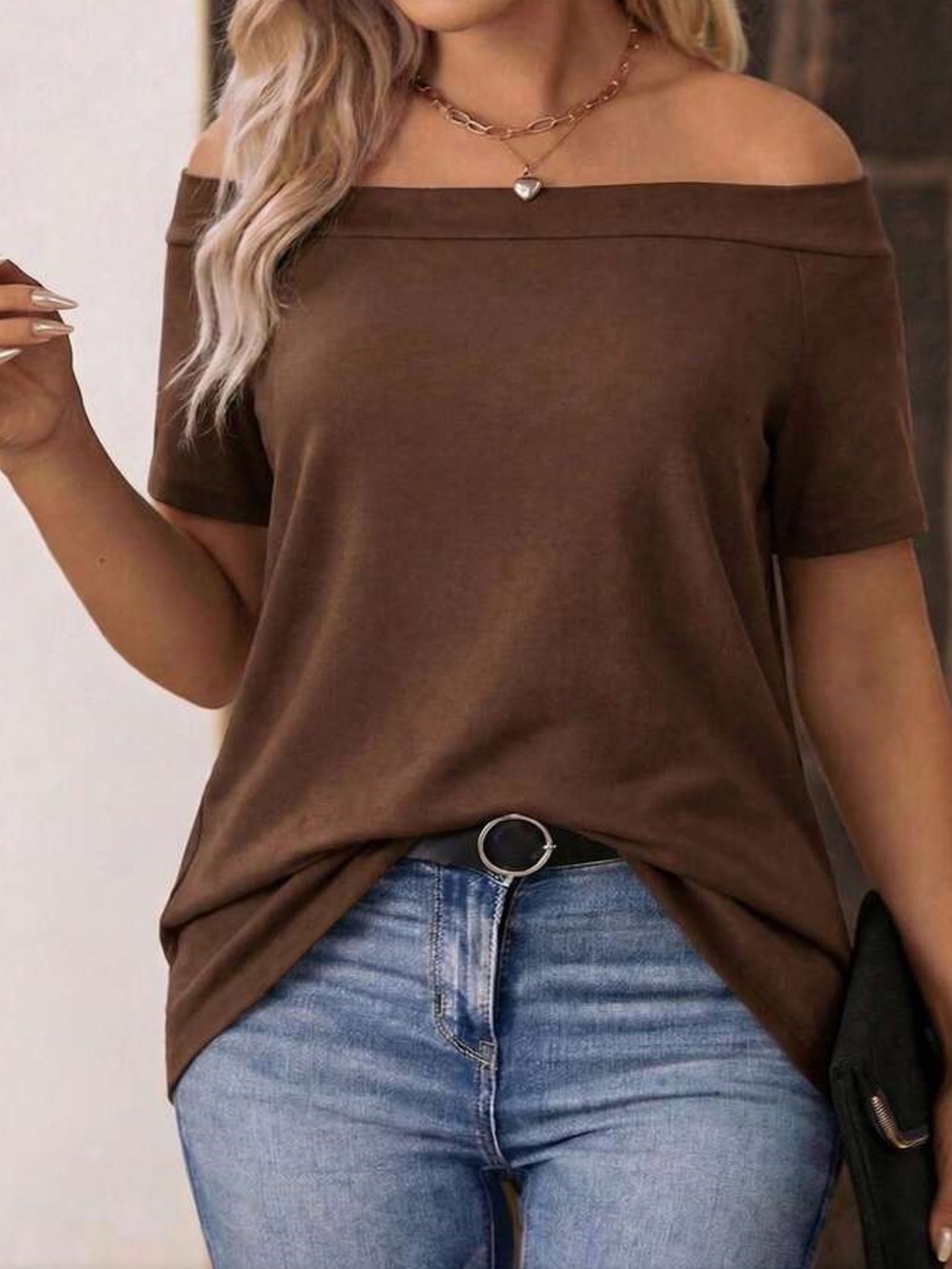 Off-Shoulder Short Sleeve Top in Brown